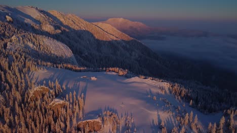 Immerse-in-the-breathtaking-winter-landscape-as-the-drone-glides-over-snow-covered-trees-on-the-mountain-peak,-beneath-a-sea-of-clouds