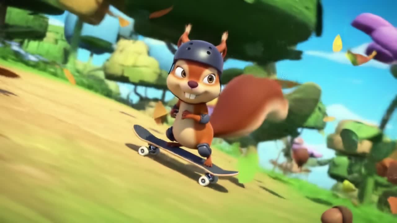 An adventurous little squirrel skateboards joyfully through a vibrant, animated landscape filled with colorful trees and flowers, showcasing its playful and daring nature