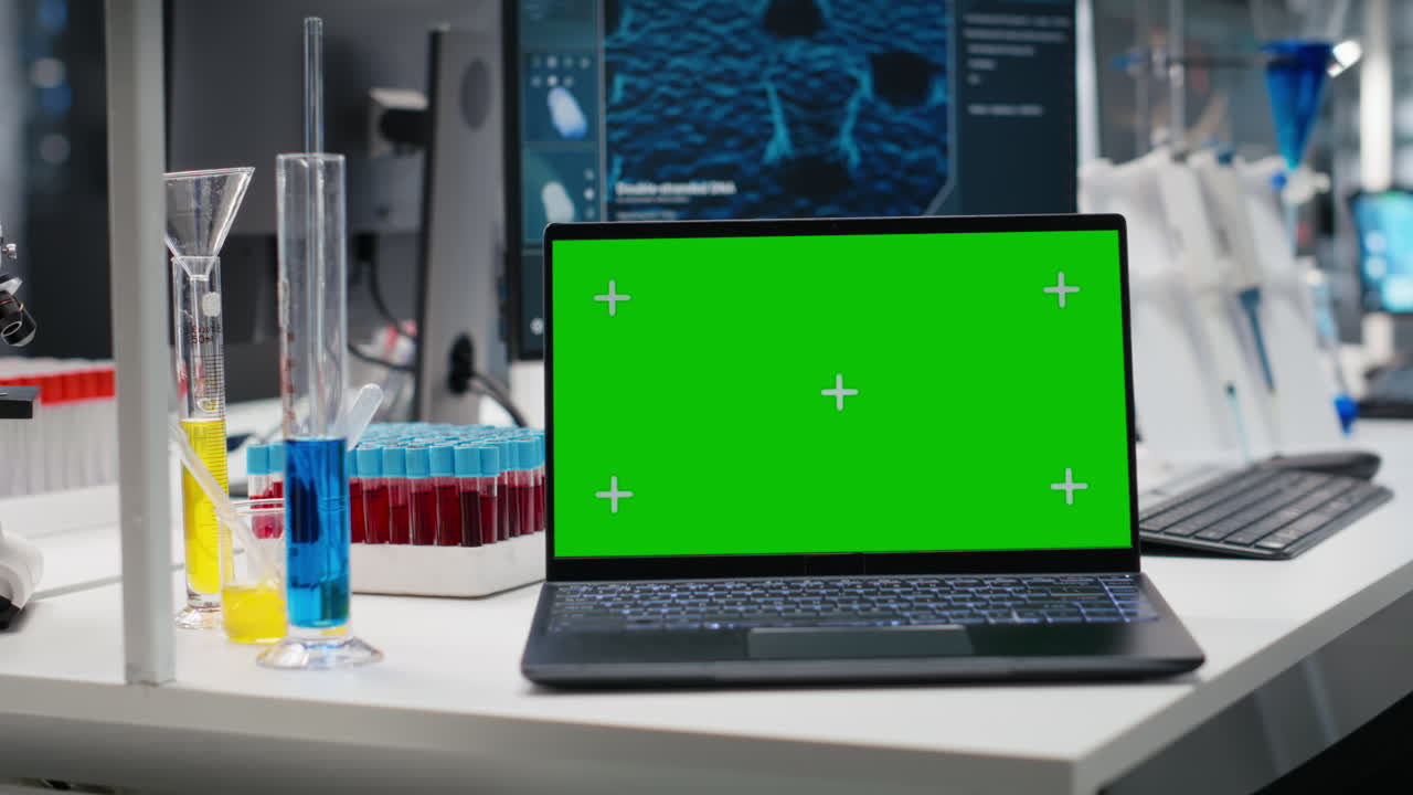 Isolated Screen Laptop In Lab Next To Test Tubes And Microscope Equipment