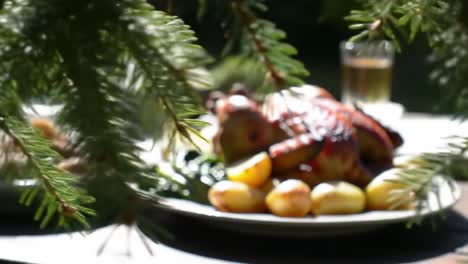 a delicious feast of grilled chicken and fresh vegetables surrounded by nature, showcasing a plentiful spread for a perfect outdoor dining experience