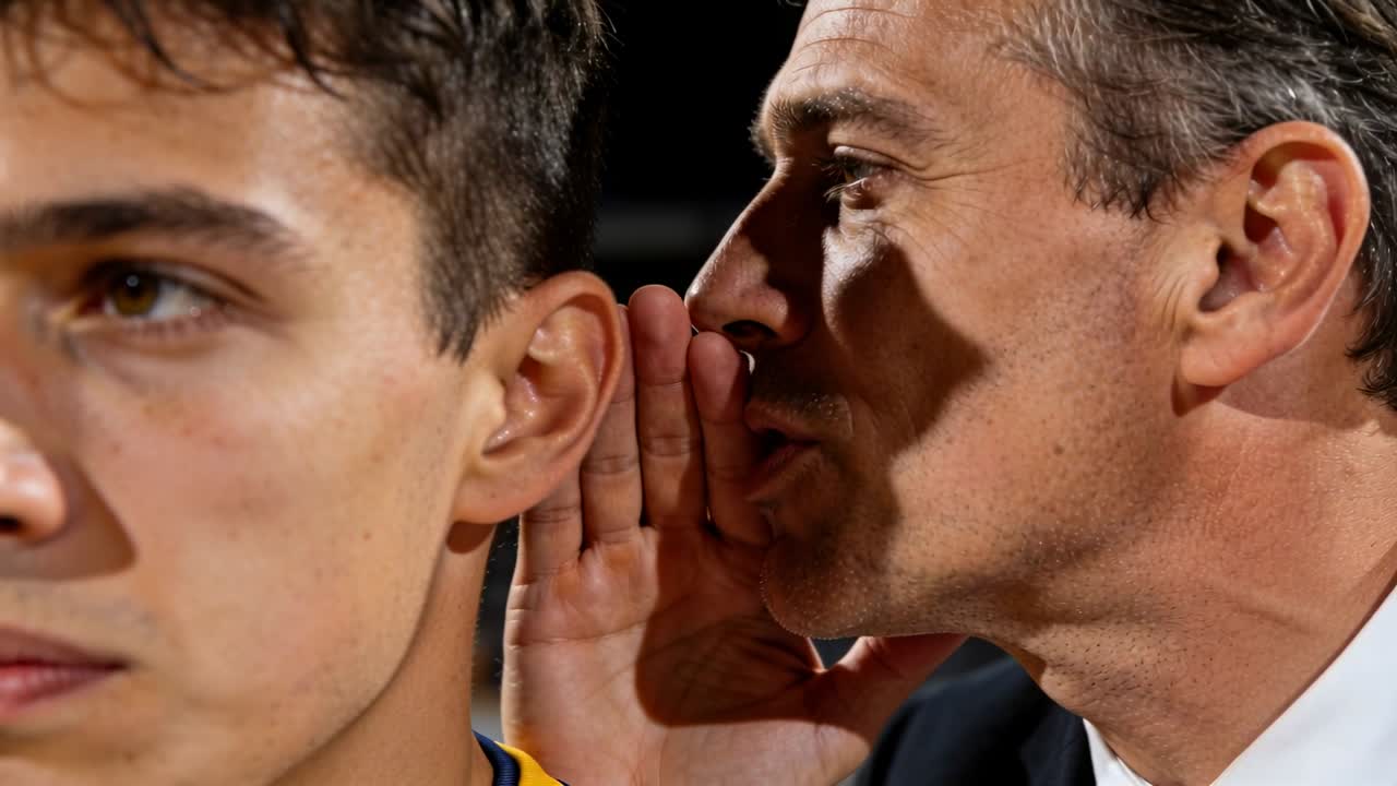 Entrenador inclinado susurrando la estrategia a un jugador adolescente en la banda, con el cuello de la camiseta amarilla visible.