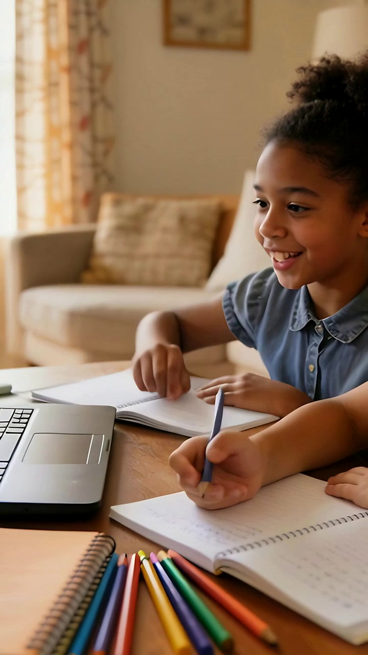 Vertical video: Seeing laptop cue, girl denim pointing at laptop, writing notes at home, copy space