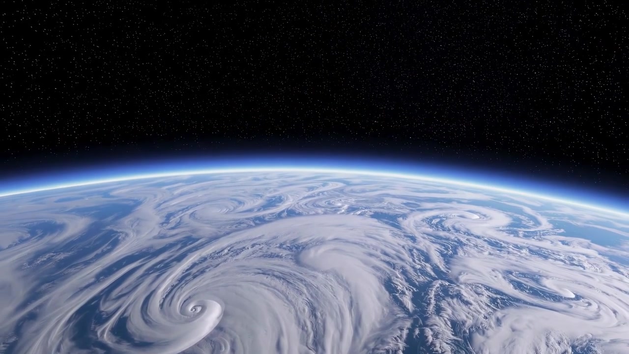 Veduta aerea della Terra dallo spazio con formazioni nuvolose vorticose