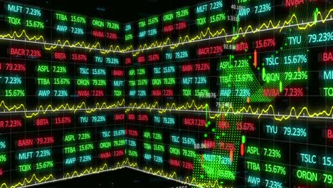 animation of financial and stock market data processing against black background