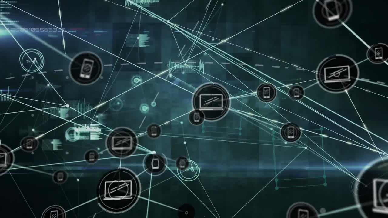 animación de la red de conexiones con iconos y procesamiento de datos sobre fondo negro