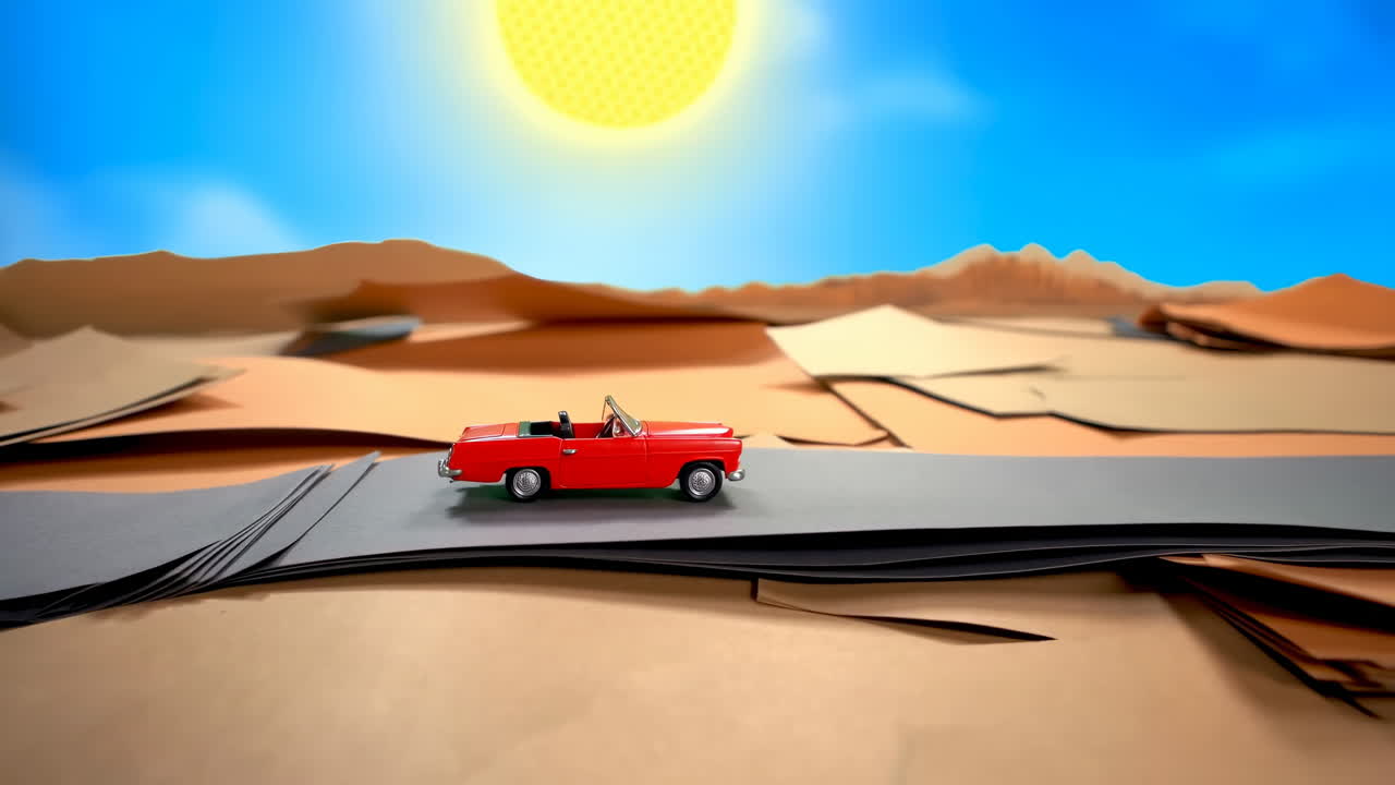 Macchinina decappottabile rossa che attraversa un deserto di carta sotto un sole cocente, dune di carta e stratificate