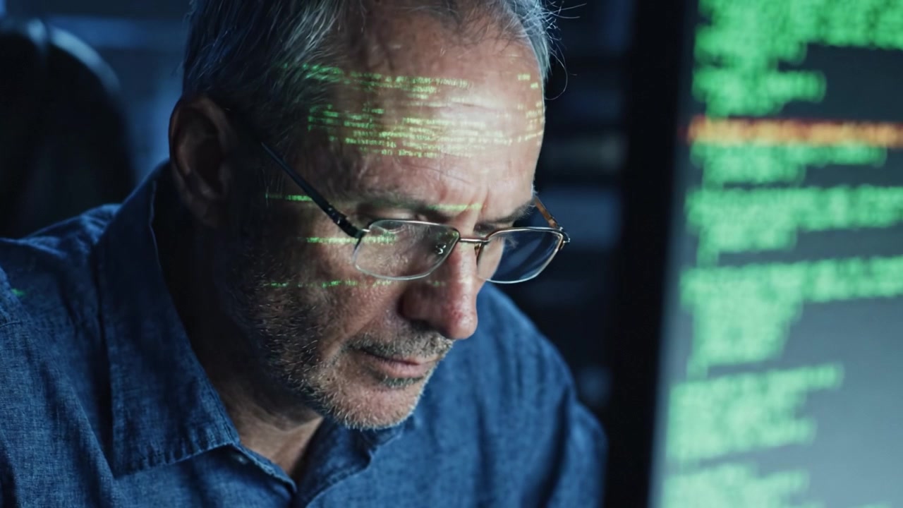 Focused Man Analyzing Data on a Screen: The Intense Moment of Deep Concentration and Analytical Thinking in a Dark Office Environment