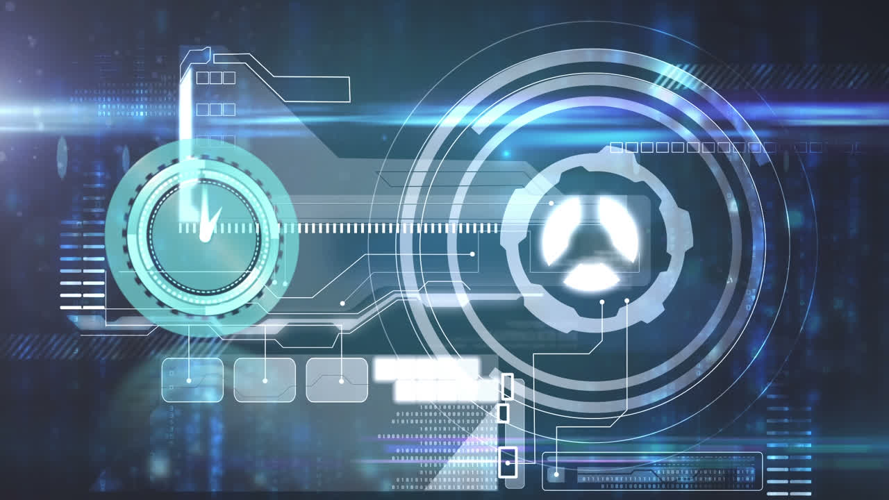 animación de la interfaz digital con reloj sobre fondo oscuro