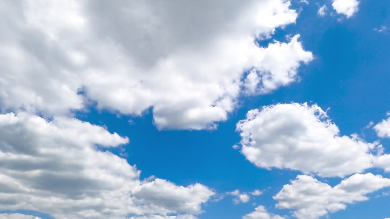 Building cotton clouds in the bright summer sky. Little clouds accumulating in a big cloudscape. Timelapse.