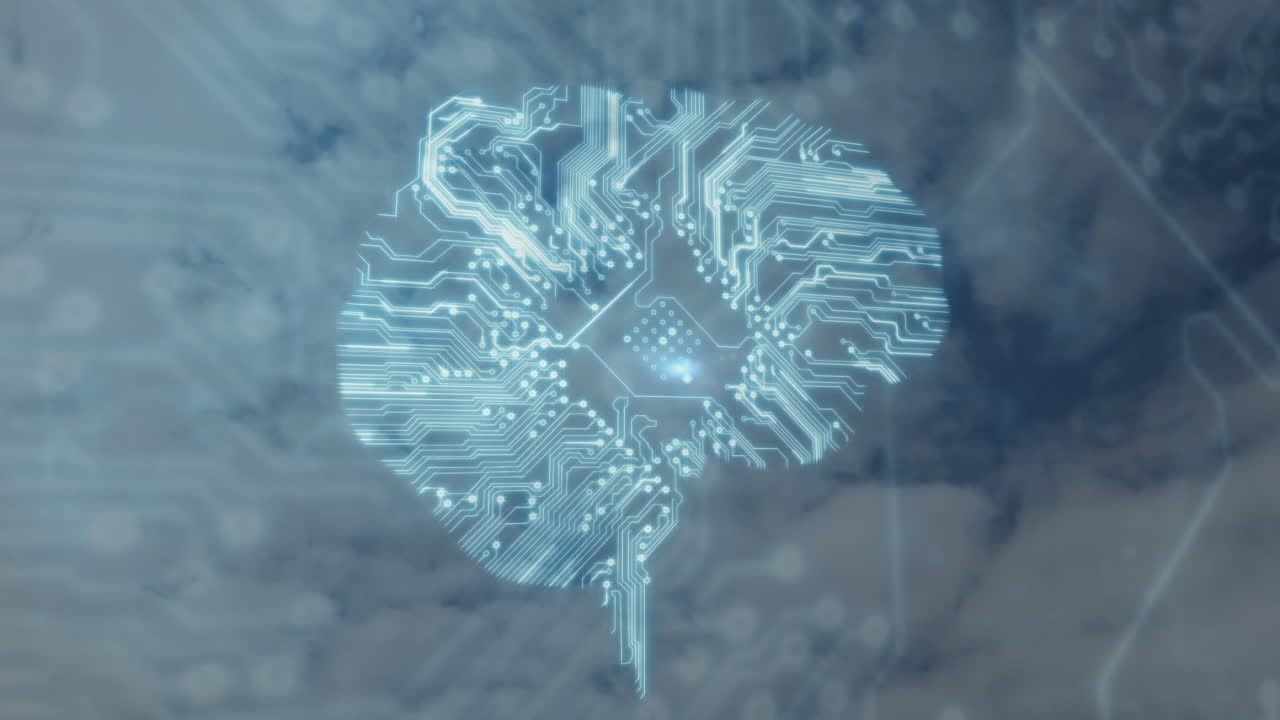 3d 디지털 인간 뇌의 애니메이션 하늘의 구름을 배경으로