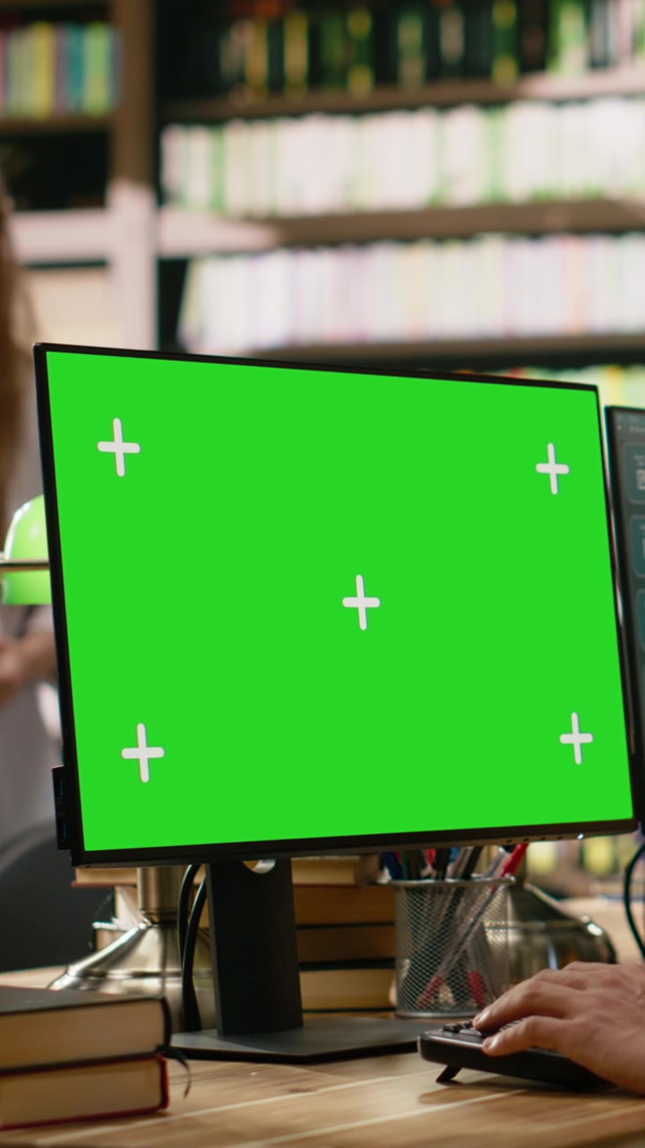 Vertical Video Green Screen Mockup On Computer Monitor At Wooden Library Table