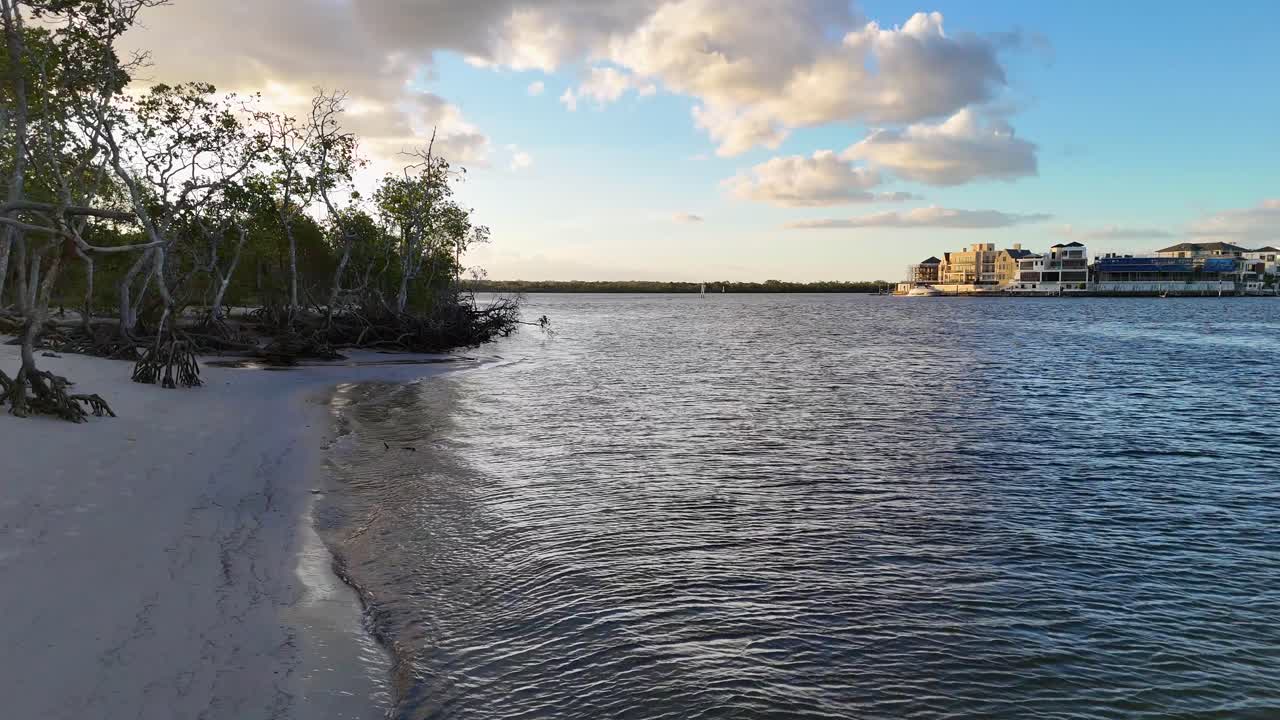Drone captures serene mangrove shoreline and calm waters at Gold Coast, Australia, during sunset with soft lighting and gentle waves