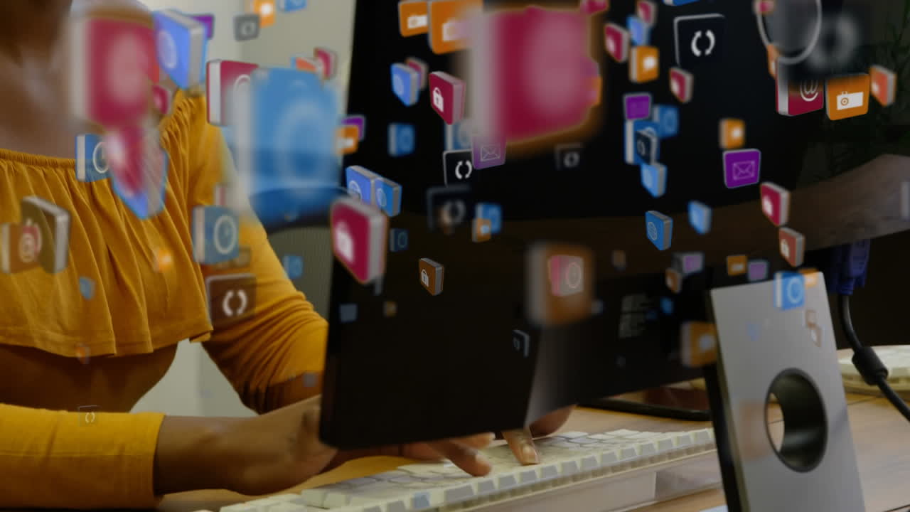 집 에서 일 하는 여자 위 를 날아다니는 사각형 아이콘 의 애니메이션