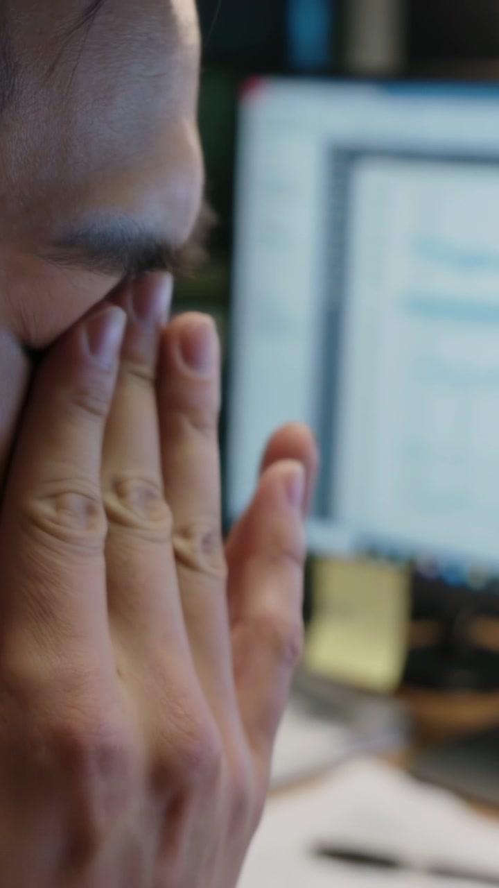 Vertical video: Rubbing eyes from eye strain, man in pale shirt refocusing on monitor, copy space