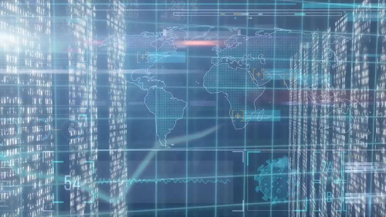 Animation of lights and data processing over world map