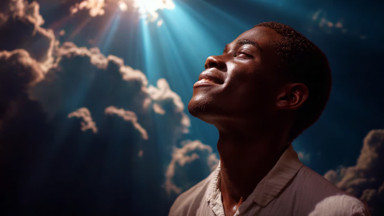 A radiant moment of joy and hope captured in a stunning visual; a youthful individual gazes upward, highlighting the dazzling sunlight filtering through beautiful clouds in the sky above