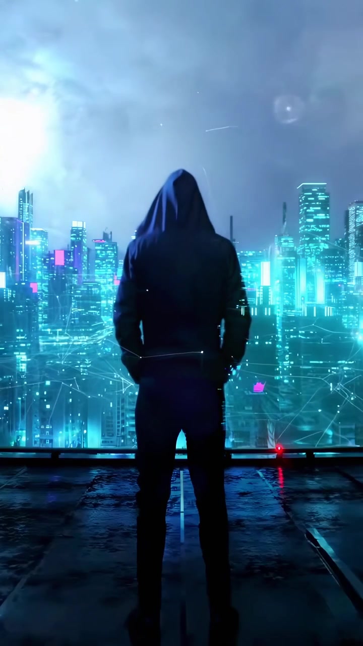 Figura incappucciata che osserva una città futuristica con sovrapposizione di rete digitale