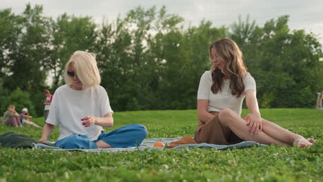 two girlfriends sitting on mat in grassy park laughing together while children play around them, casual summer gathering, sunlight filtering through trees, warm friendly mood