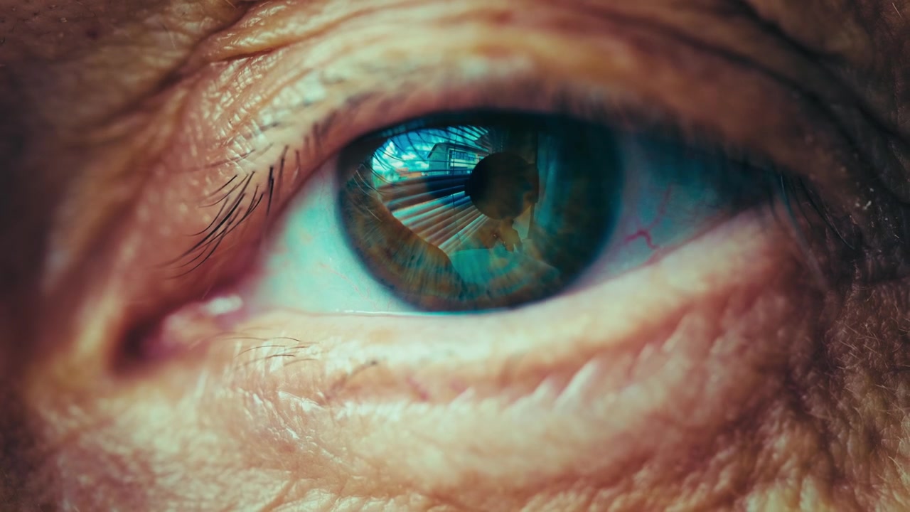 Macro primo piano dell'occhio di una persona anziana che fissa intensamente e si muove leggermente come se stesse guardando uno schermo o un monitor. Concetto al rallentatore di messa a fuoco, invecchiamento o concentrazione. Filmato 4k di alta qualità