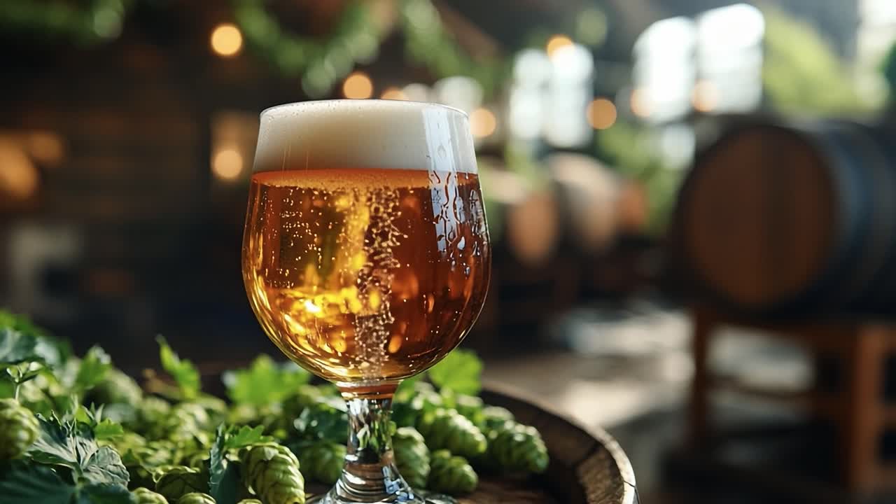 Craft beer served in a glass with hops. Golden craft beer sits in a glass next to fresh hops and herbs in a rustic brewery setting.