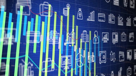 financial data charts and graphs animation over various business icons on blue background