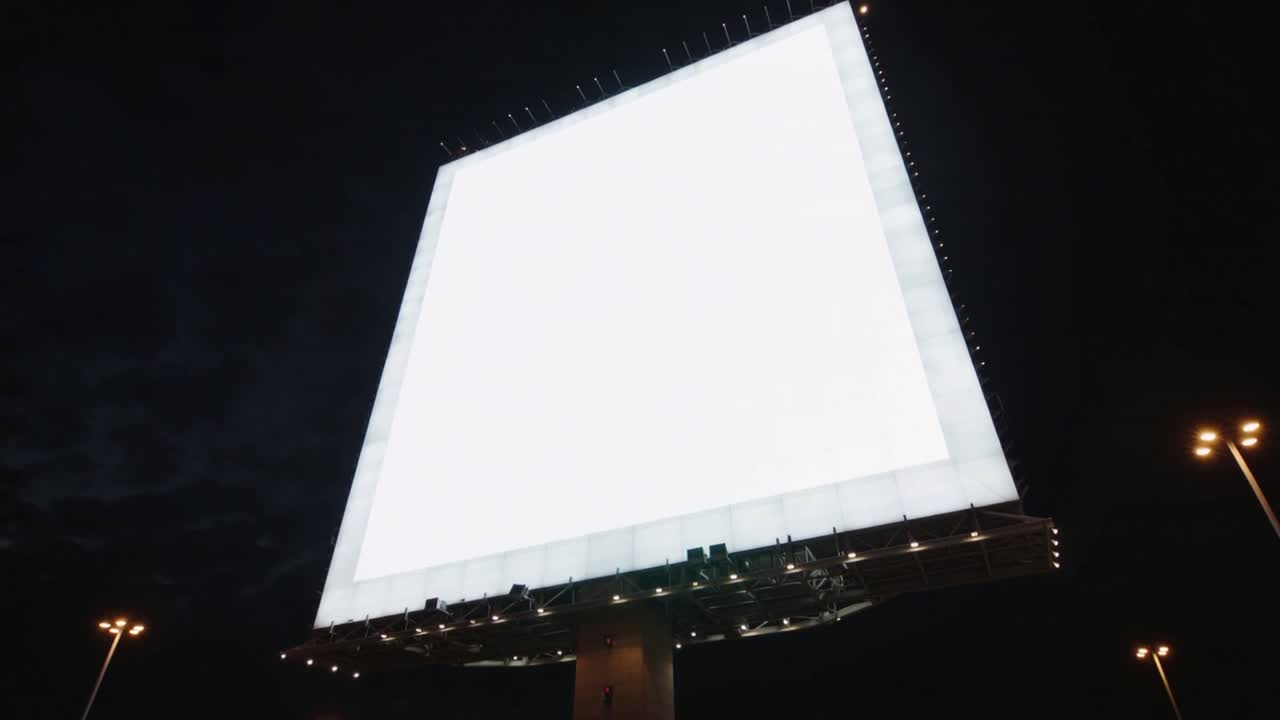 Cámara haciendo un paneo, mostrando una valla publicitaria iluminada en un poste central de noche, para anuncios con focos y lámparas.