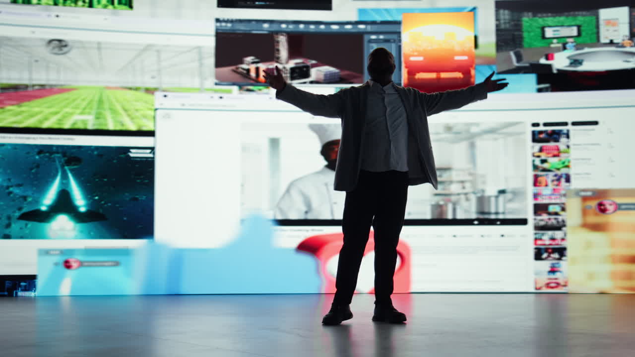 Vertical video Cheerful user celebrating unlimited video content in metaverse