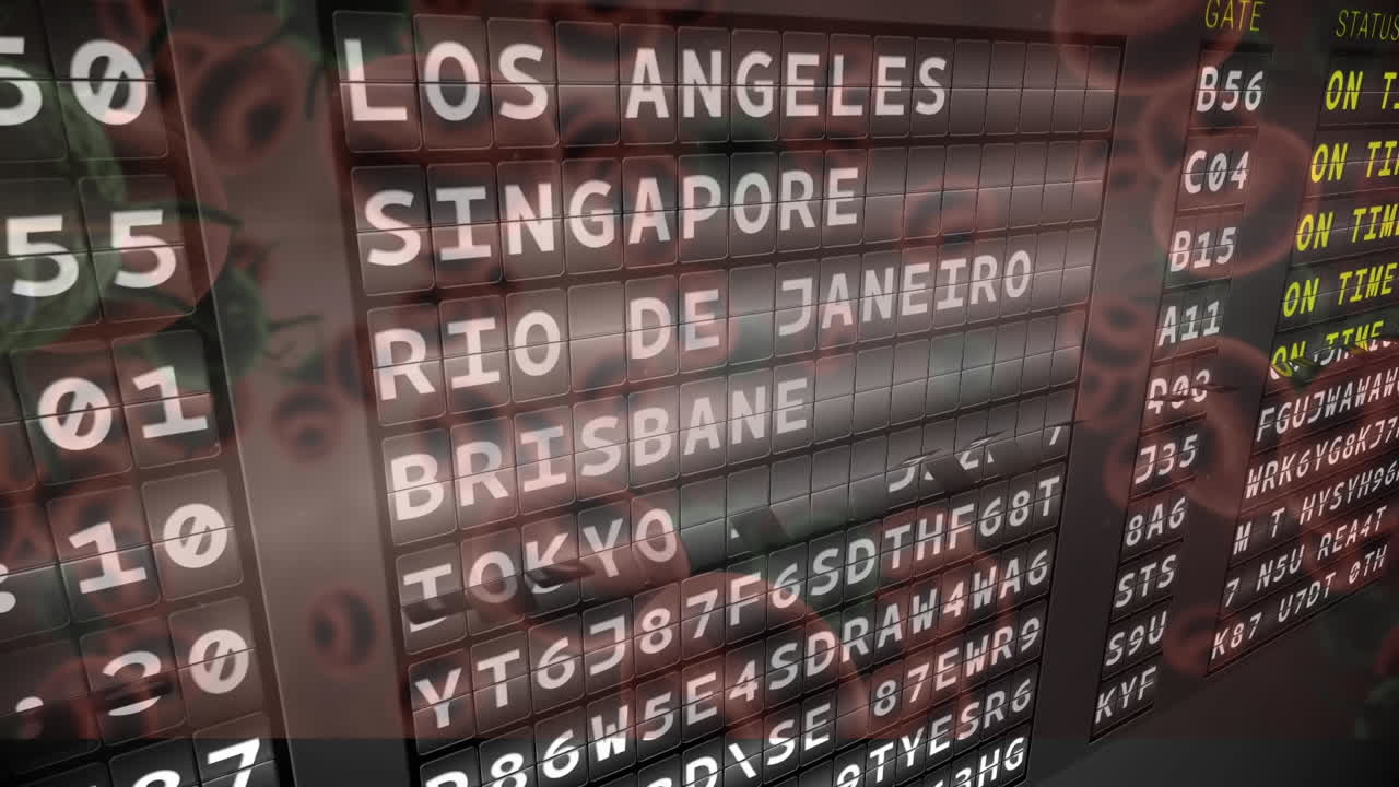 공항 비행 출발 보드 위에 떠다니는 바이러스와 혈액 세포의 애니메이션