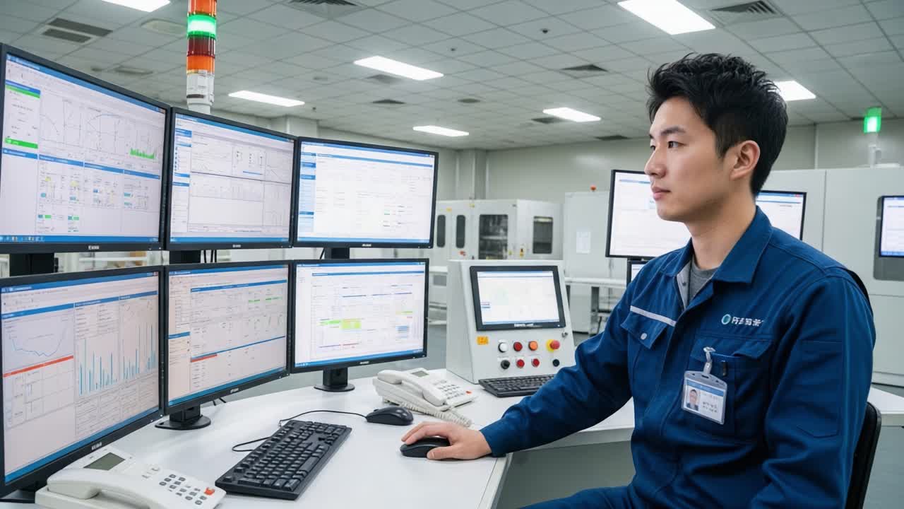 Focused Operator Managing Complex Data Displays in a High-Tech Control Room Amidst Multiple Monitors and Advanced Equipment