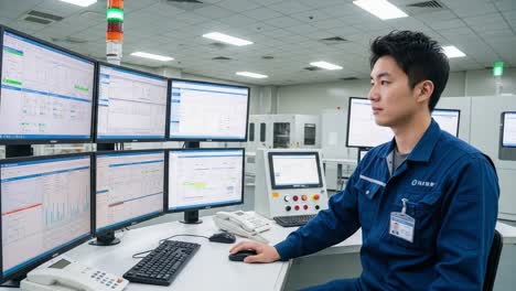 focused operator managing complex data displays in a high-tech control room amidst multiple monitors and advanced equipment