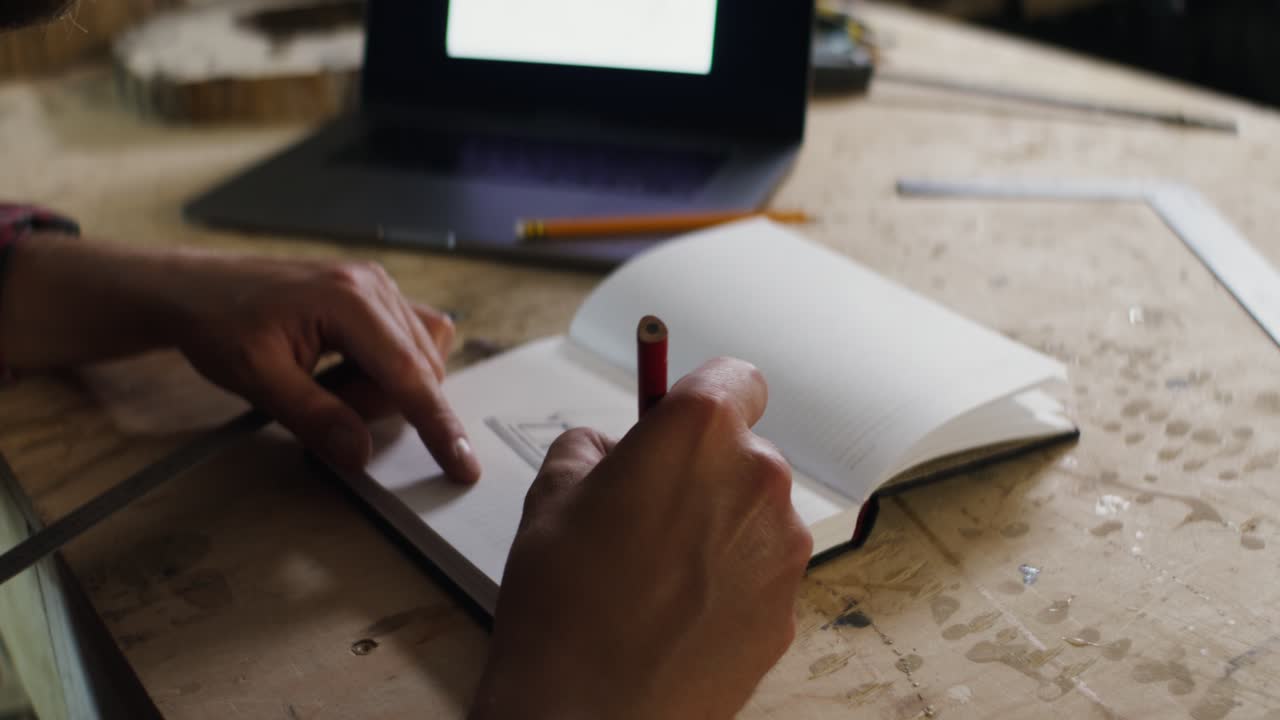 Carpenter Taking Notes in Workshop