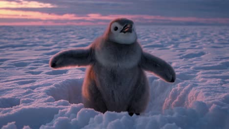 A low-angle video captures a fluffy penguin chick on snow at sunset, highlighting its playful stance