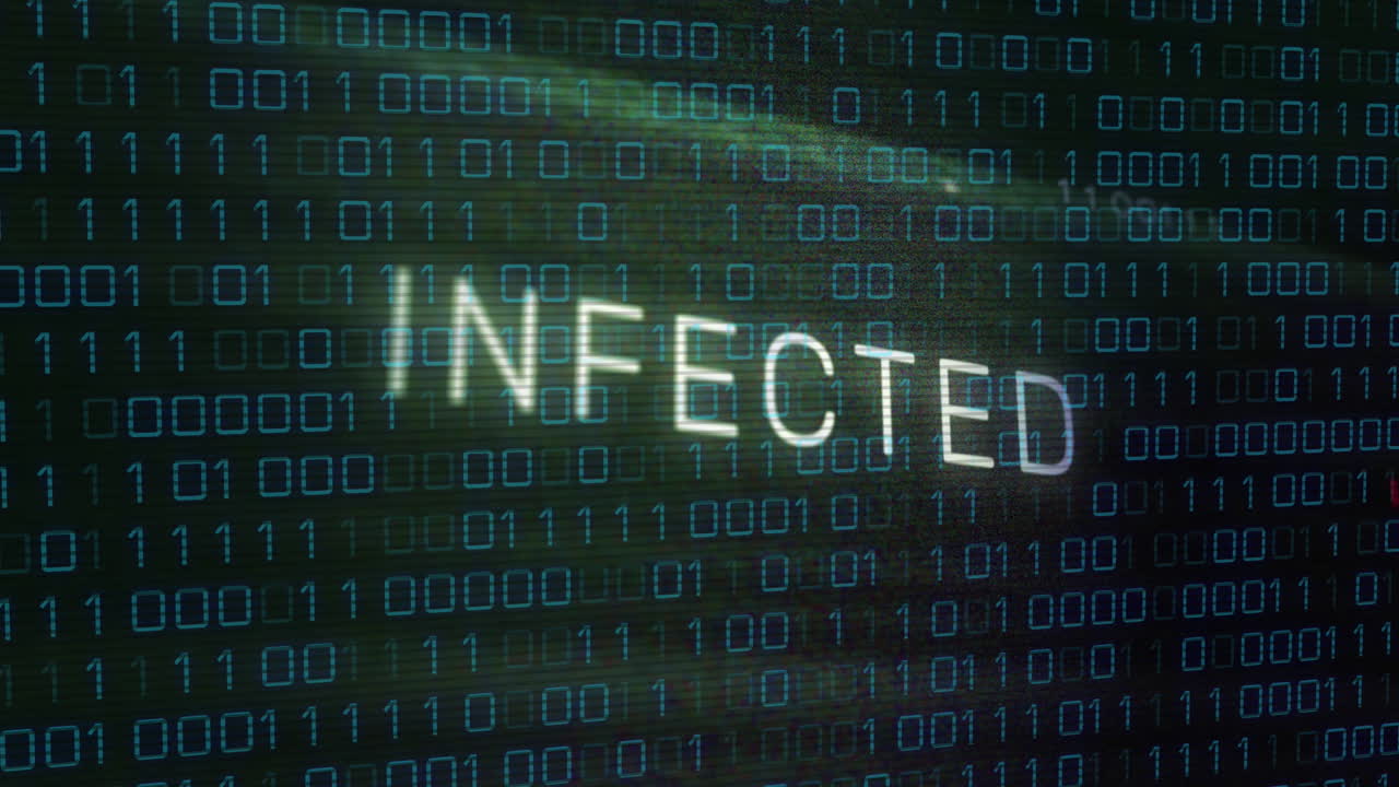 animación de la marca x sobre el texto infectado, patrón de la placa de circuitos, códigos binarios contra un fondo negro.