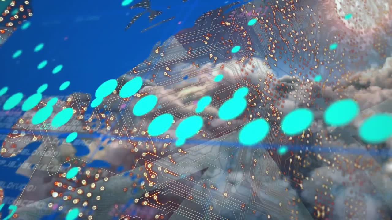 영국과 구름의  ⁇ 발 위에 있는 금융 그래프와 세계 지도의 애니메이션