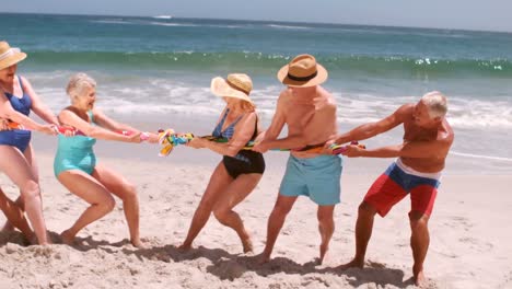 senior friends playing tug of war