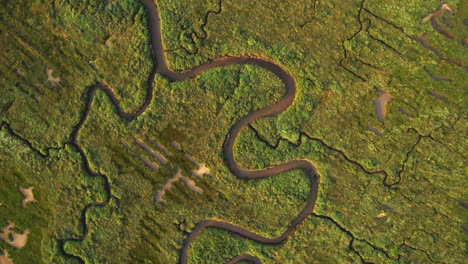 Abstract-Top-Down-Drone-Shot-Over-Green-Salt-Marsh-with-Winding-Waterway-in-North-Norfolk-UK-East-Coast