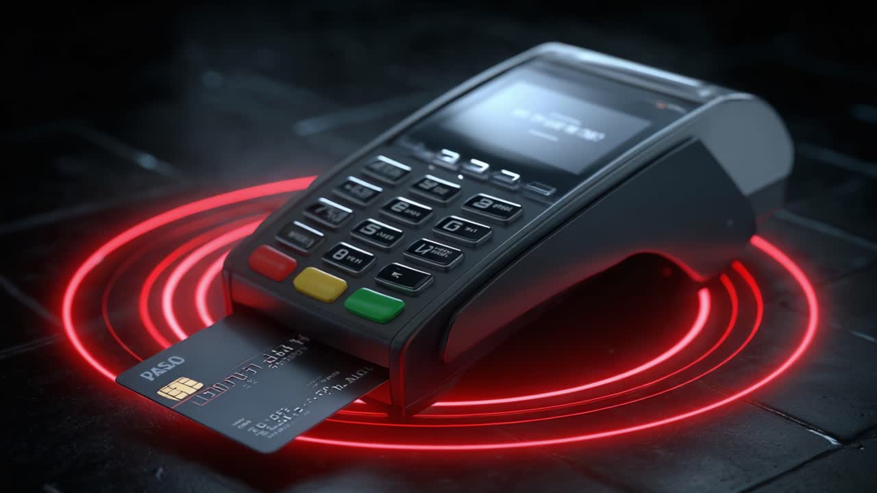 Innovative Contactless Payment Technology Showcased in Two Dynamic Frames Featuring a Cutting-Edge Card Reader with Vibrant Visual Effects