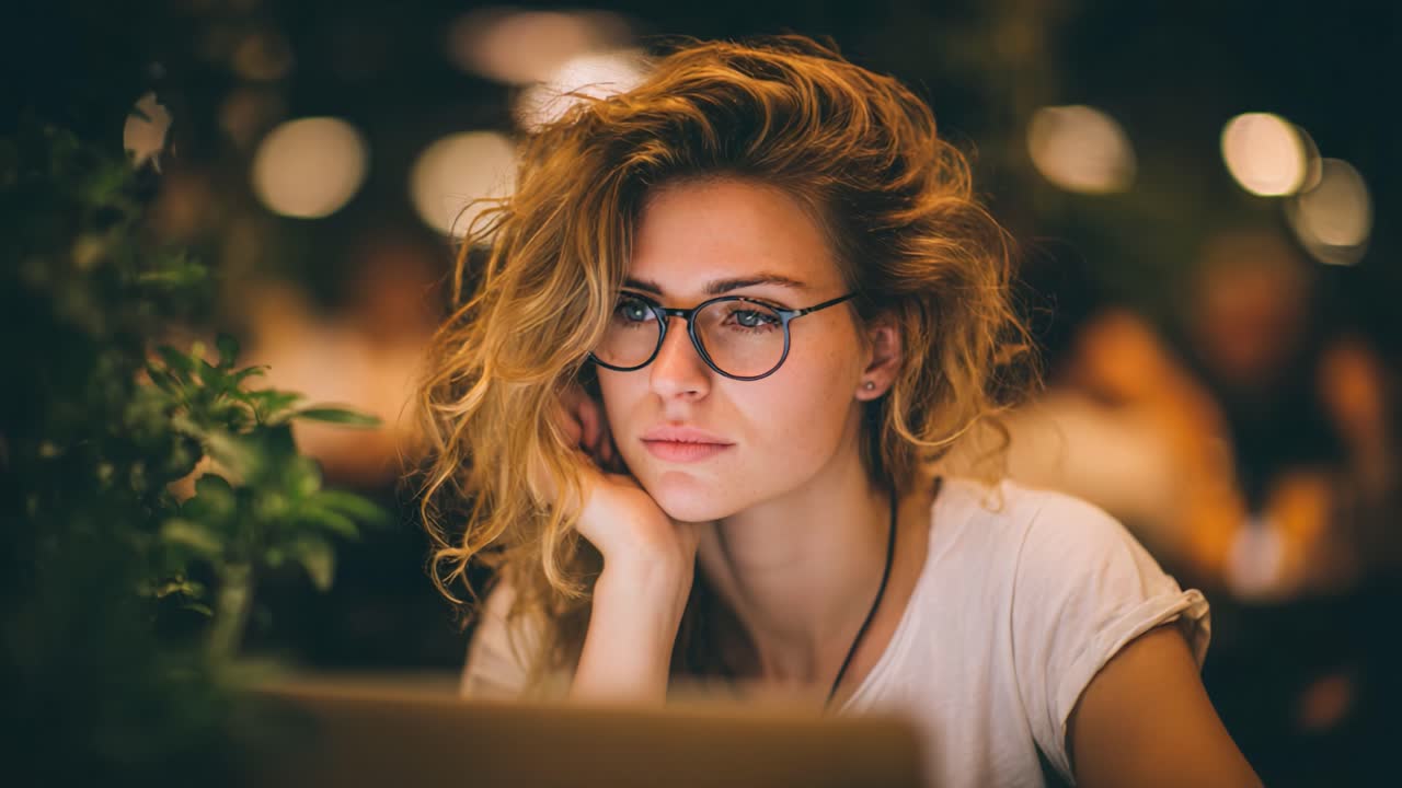 Ein Moment der Reflexion: Fesselnde Nahaufnahme einer nachdenklichen jungen Frau mit Locken und Brille, die in einer gemütlichen Umgebung in Gedanken versunken ist