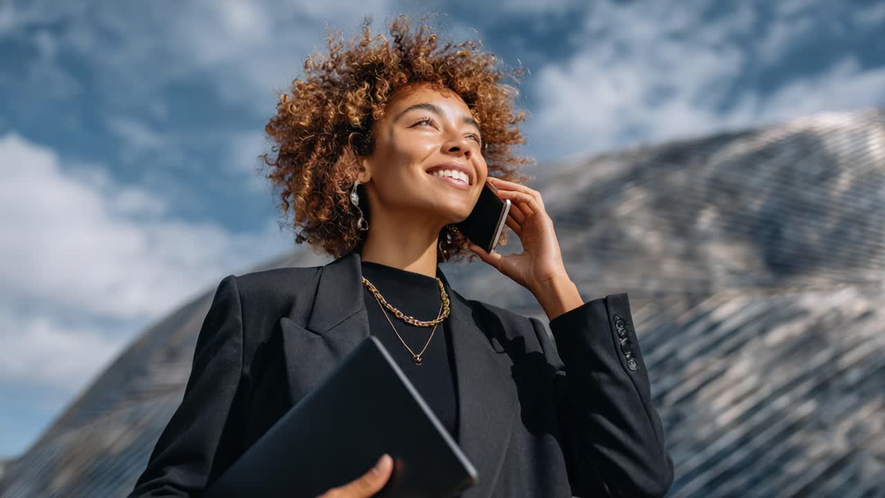 Confident Woman Engaged in Important Phone Call Against a Modern Architectural Background, Smiling and Looking Up with a Business Tablet in Her Hand