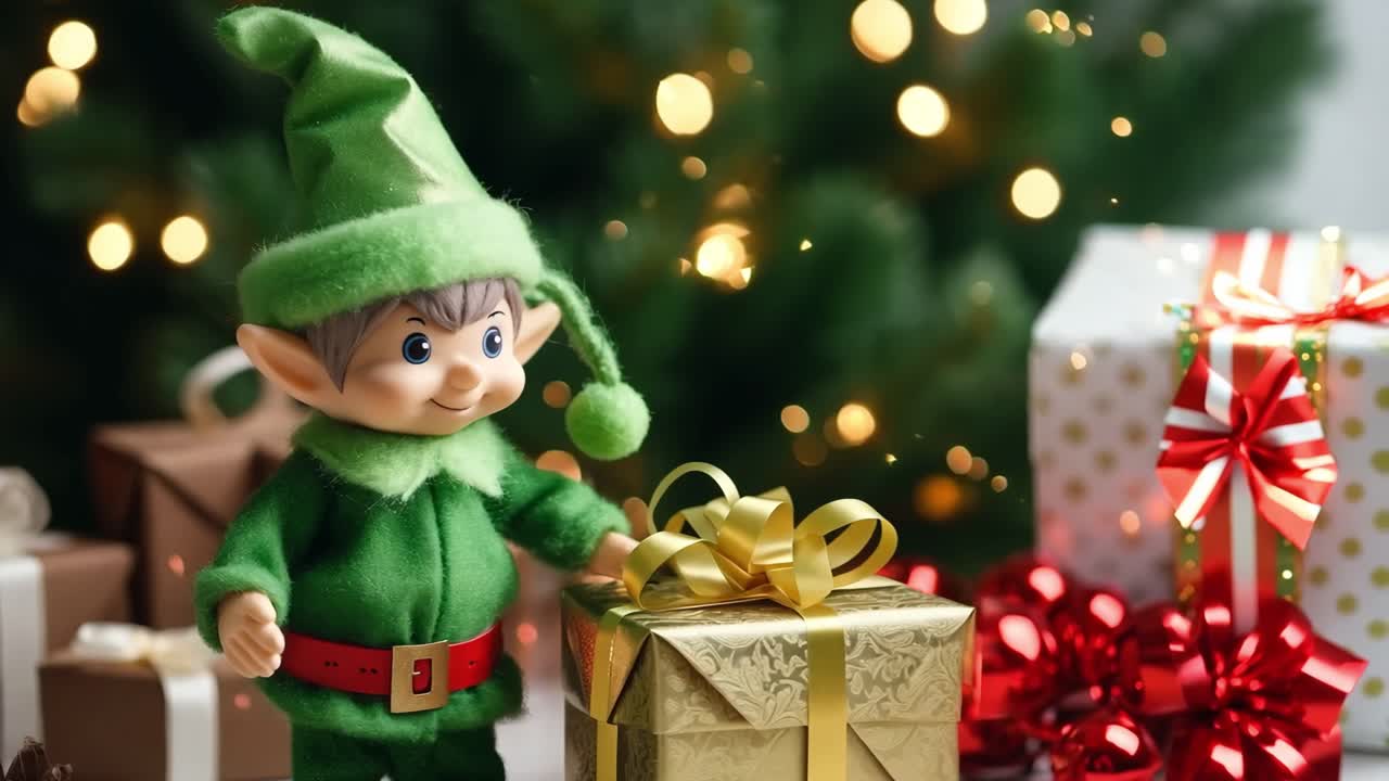 Christmas elf standing beside golden gift box, positioned near decorated christmas tree with wrapped presents, creating magical holiday scene filled with festive warmth and joy