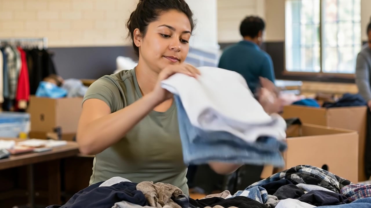 Smiling young woman folding clothes and sorting donations with a volunteer group in a community center.