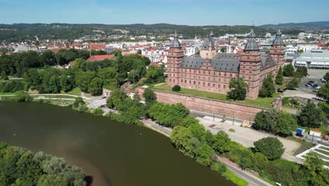 aerial half circle around johannesburg castle in aschaffenburg, bavaria and town, river main