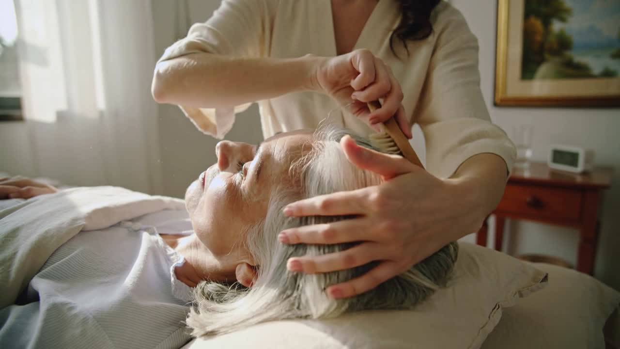 Plaçant la brosse sur le sommet de la tête, une aide-soignante en chemisier crème coiffant une femme âgée sur un oreiller, lui apportant du réconfort.