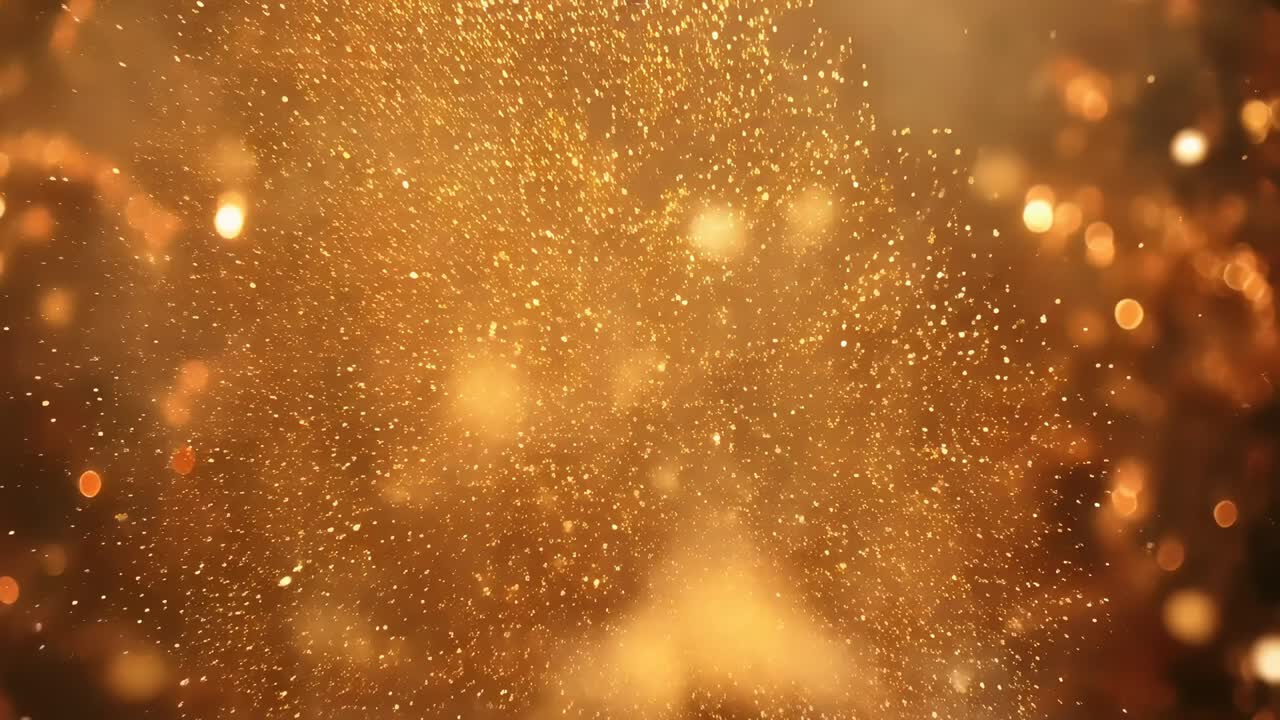 Glødende varmt ravfarvet lys, der oplyser svævende gyldne partikler og bokeh i studie nærbillede