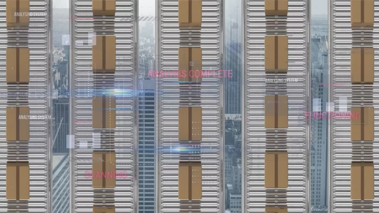 animación del procesamiento de estadísticas sobre cajas de cartón en cintas transportadoras
