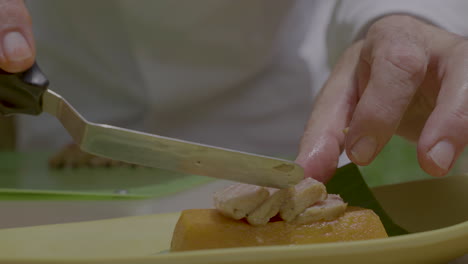 close up above view chef hands decorating a restaurant dish made of tuna