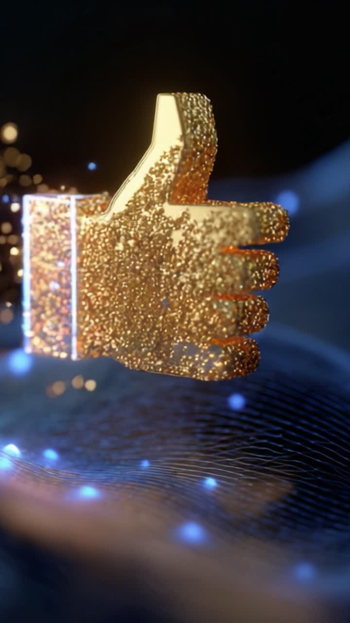Um deslumbrante símbolo de 'joinha' dourado, cintilando com partículas de luz contra um fundo escuro, capturando a essência da positividade e aprovação em uma forma de arte digital.