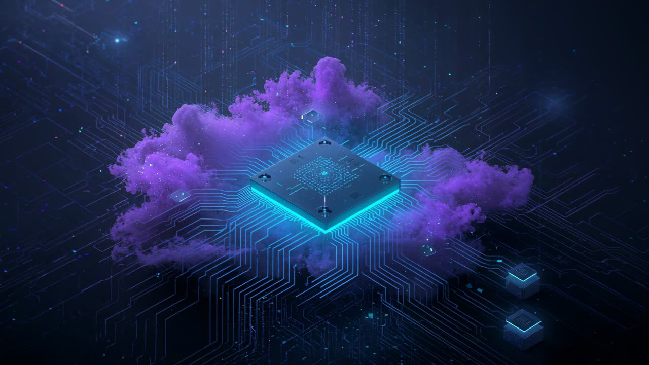 Pulsing chip absorbing descending beams, charging neonlit circuit, purple cloud and nodes sparkling