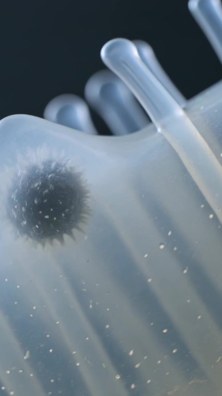 Video vertical: Esfera puntiaguda rodando desde la izquierda, presionando una alfombrilla de silicona sobre la mesa y mostrando motas blancas.