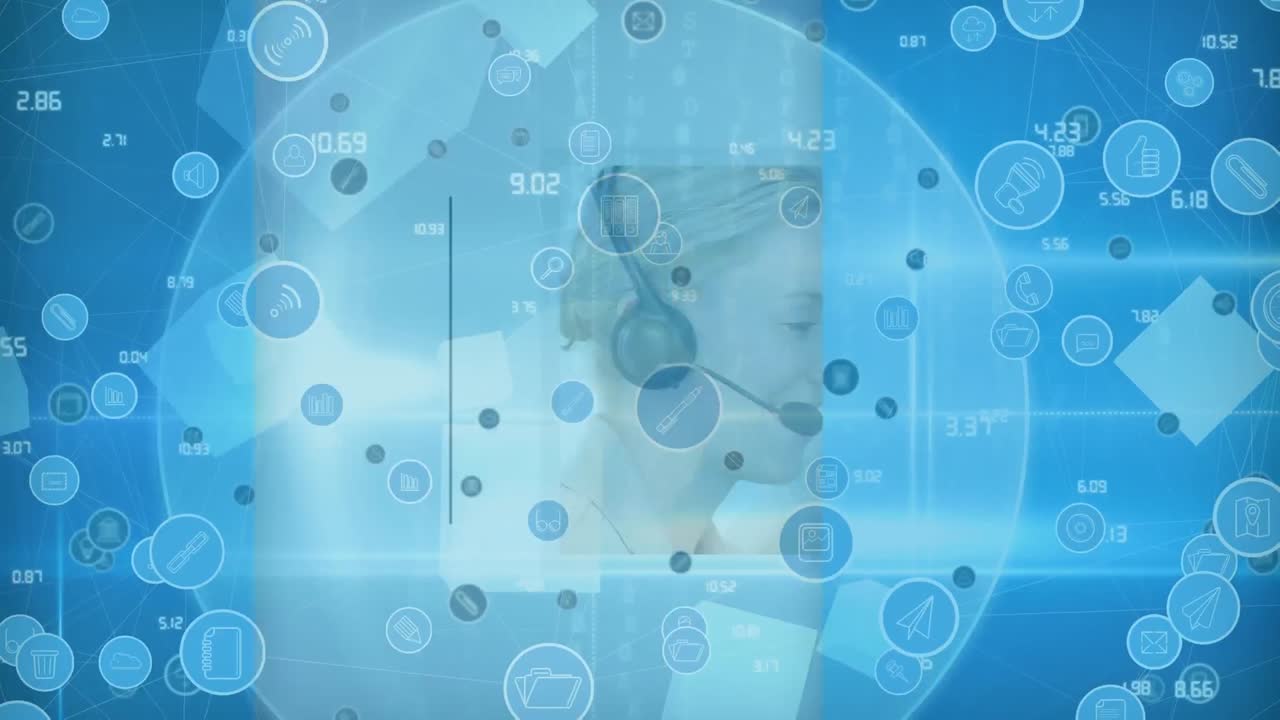 사무실에서 일하는 백인 남성과 여성 고객 서비스 임원에 대한 디지털 아이콘 네트워크